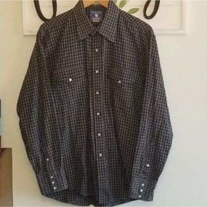 Texas Cotton Vintage Pearl Snap Long Sleeve Button Down L Dark Green Plaid